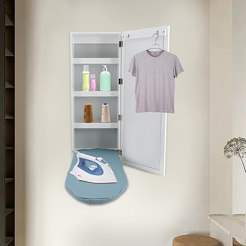 Miniatura 8 de Tabla de planchar montada en la pared con armario de almacenamiento, tabla de planchar giratoria integrada con estante de 3 niveles y espejo de