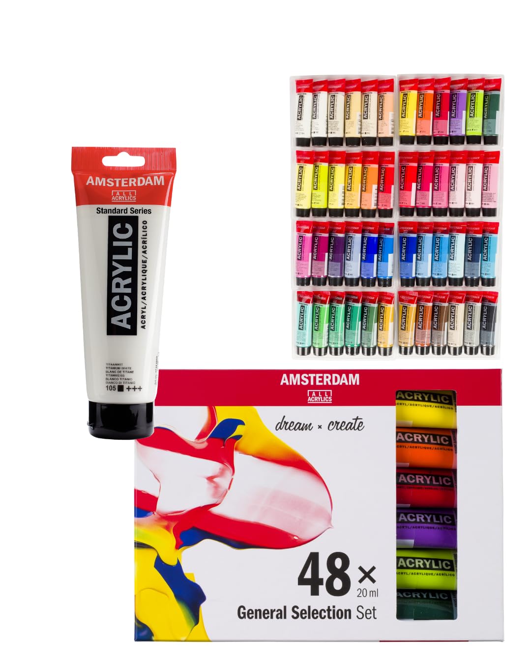 Amsterdam Set XL de Peintures Acryliques Coffret Débutant 48 Couleurs + Blanc de Titane 250 ml | Peintures Acryliques de Haute Qualité pour Toile, Papier et Fournitures Artistiques