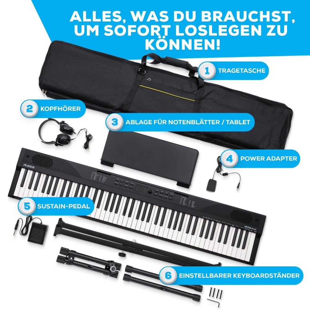 Alesis Keyboard E-Piano mit 88 Tasten, 480 Sounds, Lautsprechern, USB-MIDI, Tragetasche, Ständer, Kopfhörer, Pedal und Klavierlektionen für Anfänger