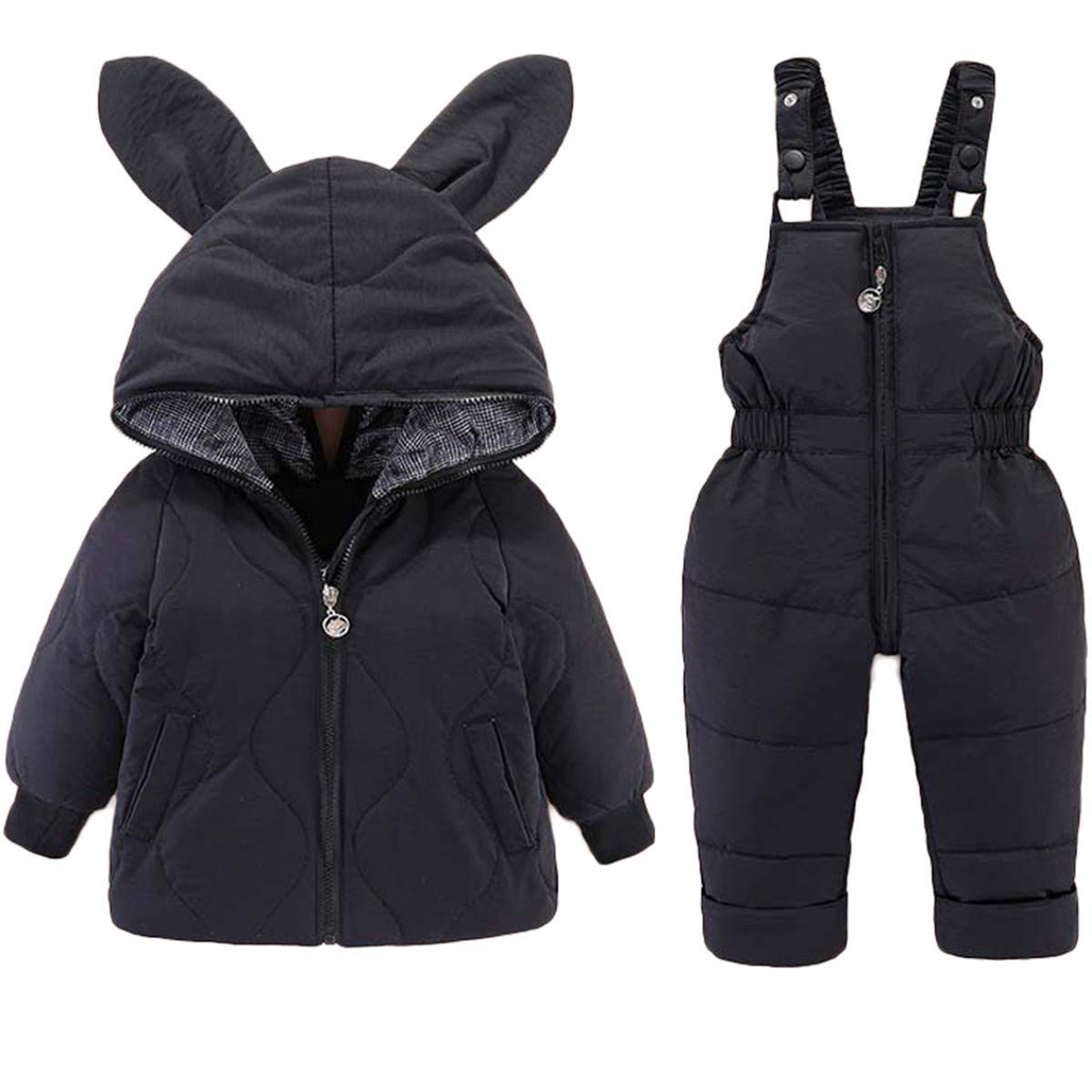 Baby Boys Girls Kids Hooded Ears Cartoon Down Jacket Coat and Ski Bib Pants Snowsuit Winter Outfit Sets 2-3 Years Black