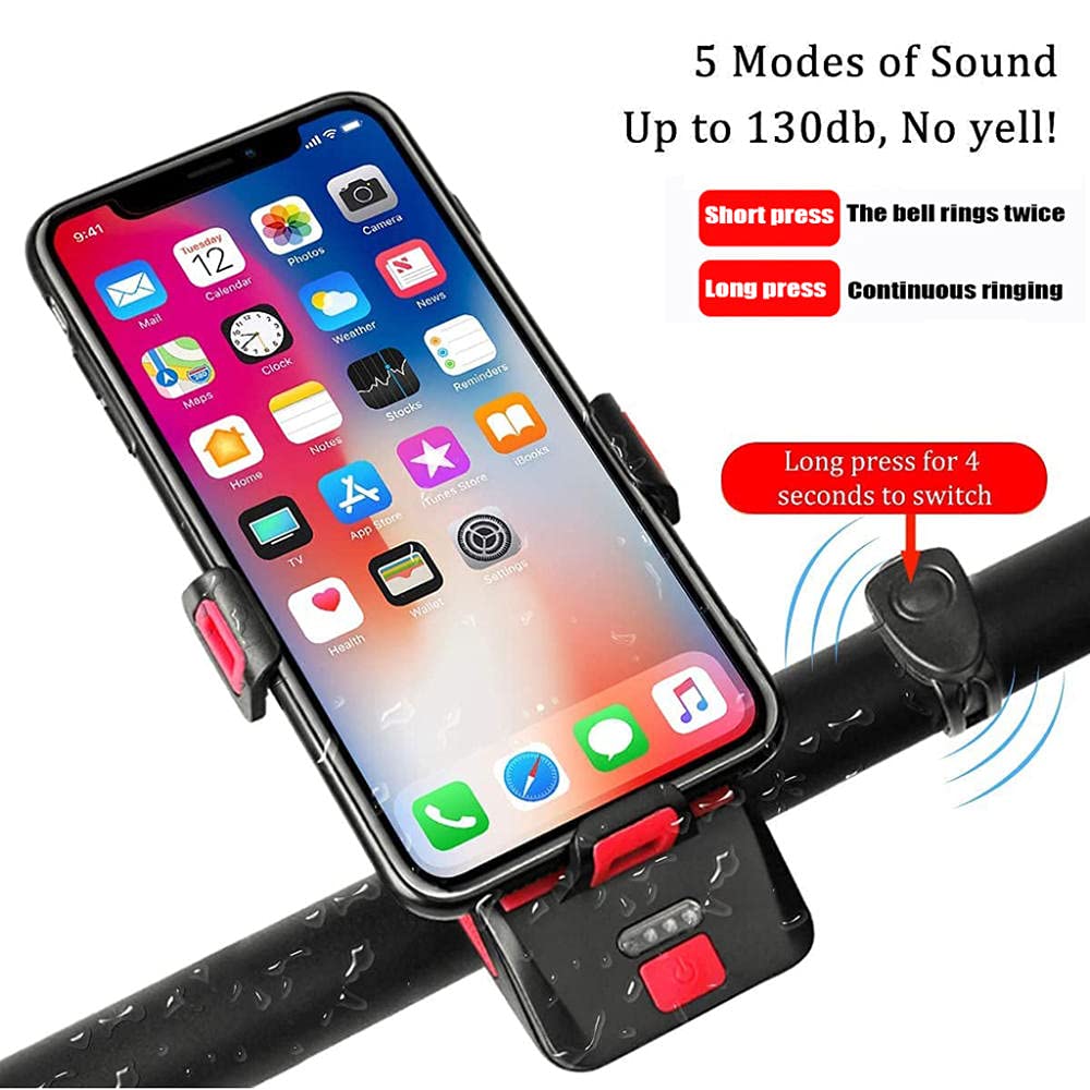 Światło rowerowe Światło rowerowe 4 w 1, Akumulatorowe światła rowerowe USB Reflektor rowerowy Przednie światło Wodoodporny z klaksonem rowerowym Rowerowy uchwyt na telefon komórkowy Super