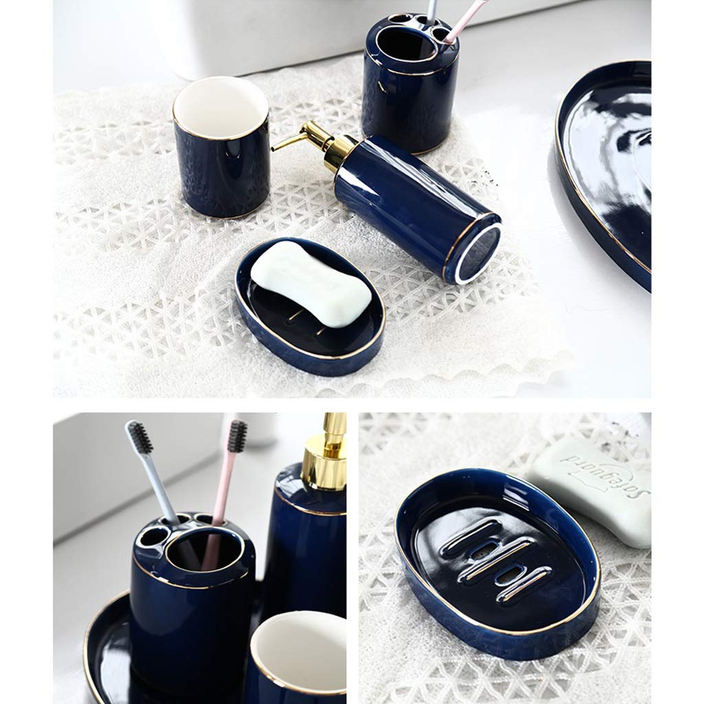 Dispensador de jabón líquido Accesorios de baño de cerámica, borde azul, borde dorado azul Juego de seis piezas que contiene dispensador de jabón Taza de enjuague bucal Porta cepillo de dientes, bande