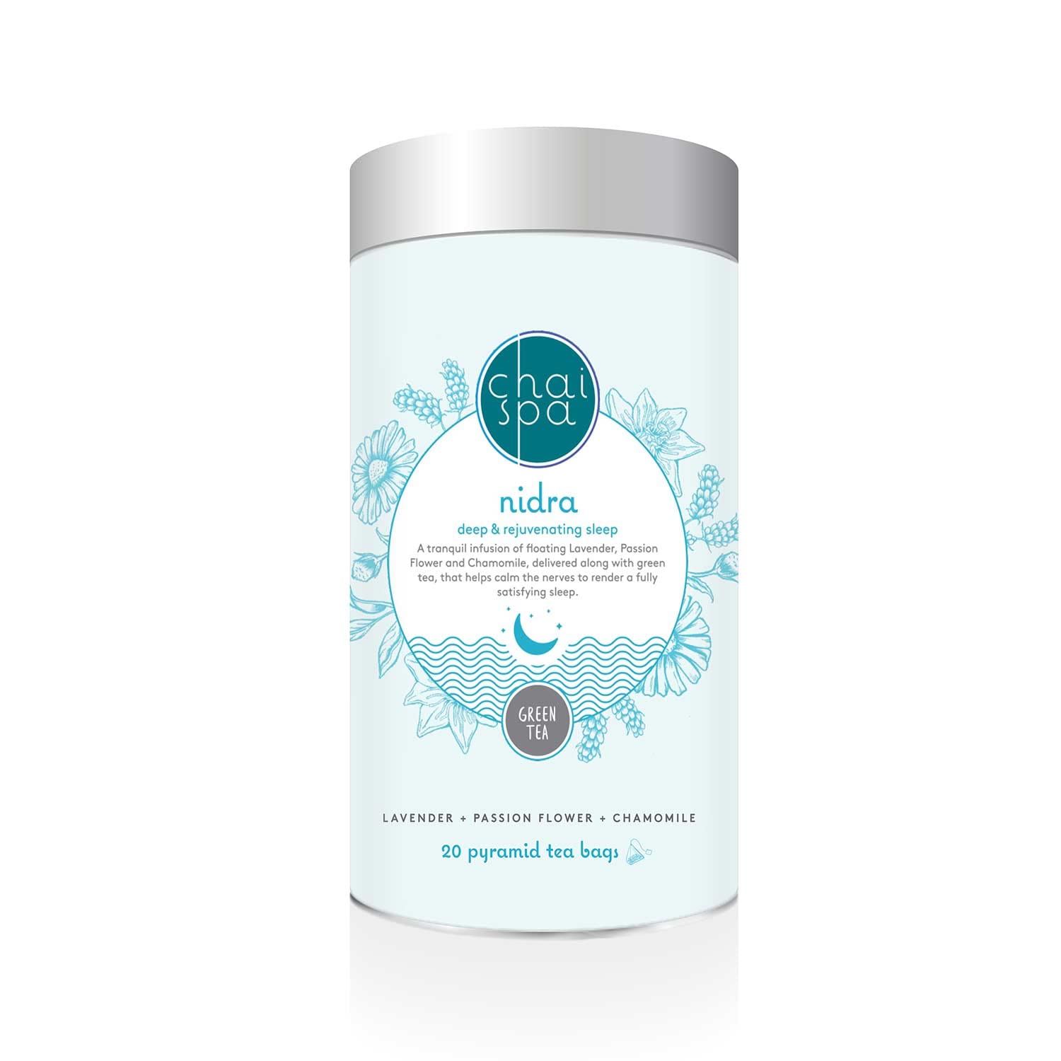 NIDRA Deep And Rejuvenating Sleep Tea -20 Dust Free Green Tea Pyramid Bags (20x3gm, Pack of 1) | Best Sleep Aid GreenTea | Lavender , Passion Flower ,Chamomile And Other Herbal Ingredients | Blended With Finest Green Tea Leaves |