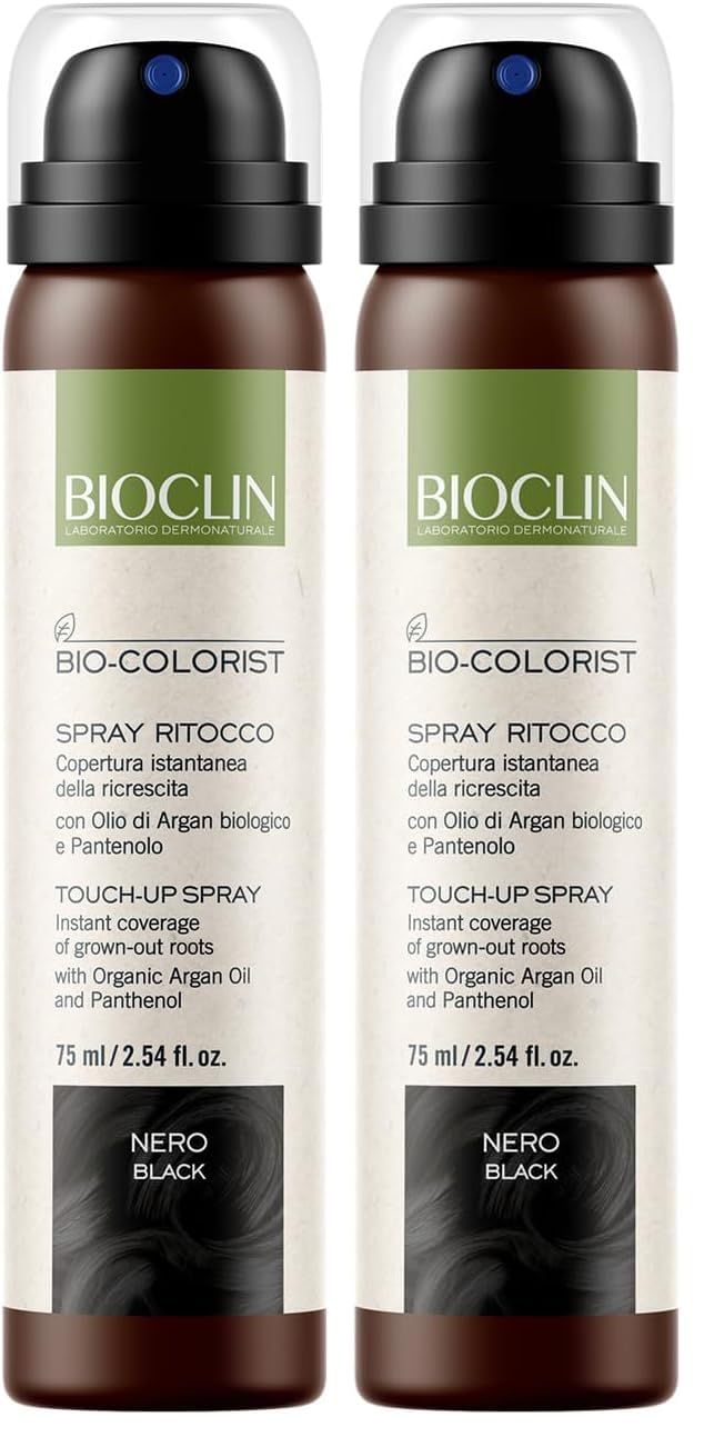BIOCLIN Bio-Colorist Spray Ritocco Nero – 75 ml – Copertura Istantanea della Ricrescita Con Olio di Argan e Pantenolo – Risultato Naturale, Non Macchia e si Rimuove con lo shampoo. (Confezione da 2)