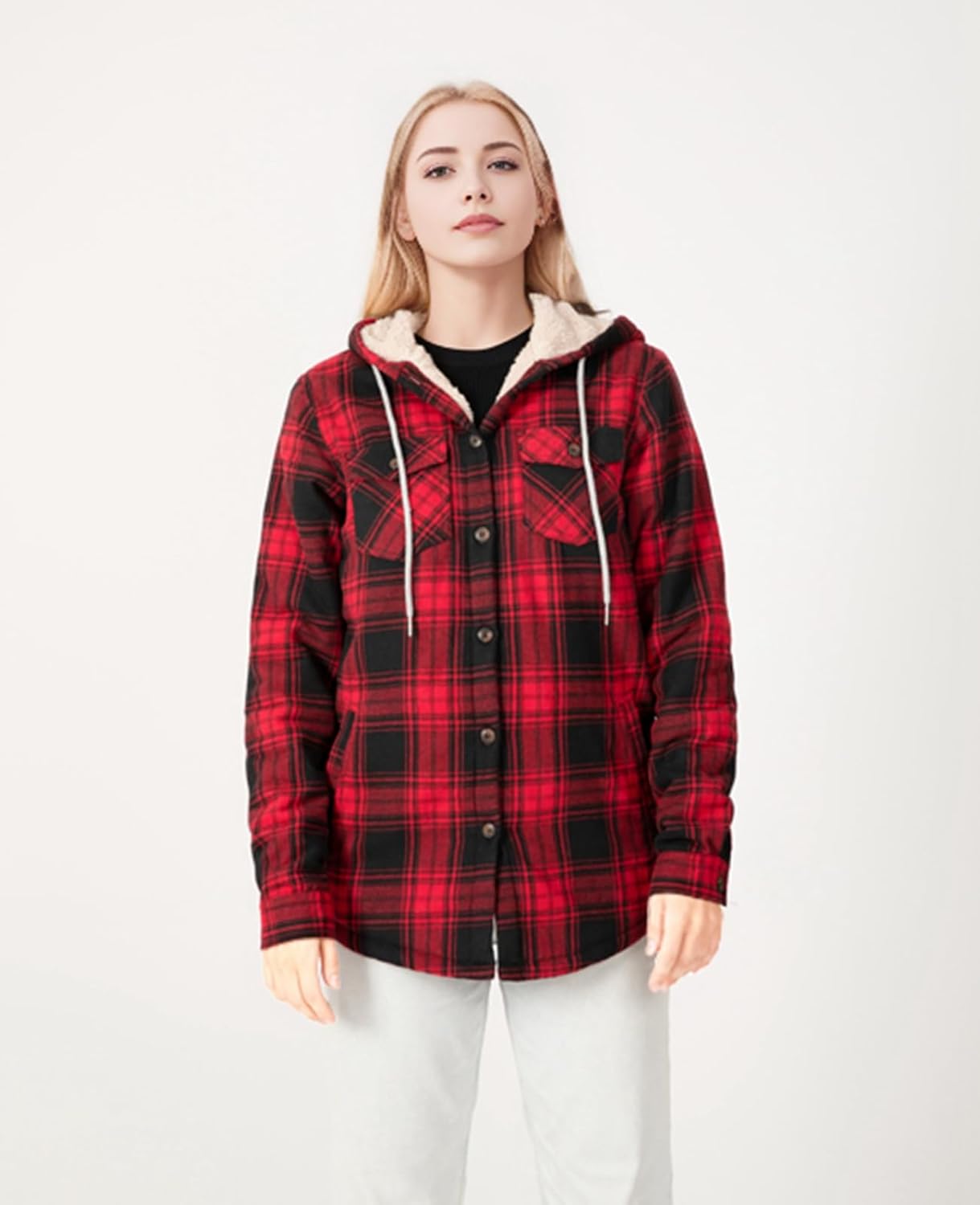 ThCreasa Womens Sherpa Lined Plaid Hooded Flannel Jacket with Hand Pockets Button Down Shirt Jackets - Image 2