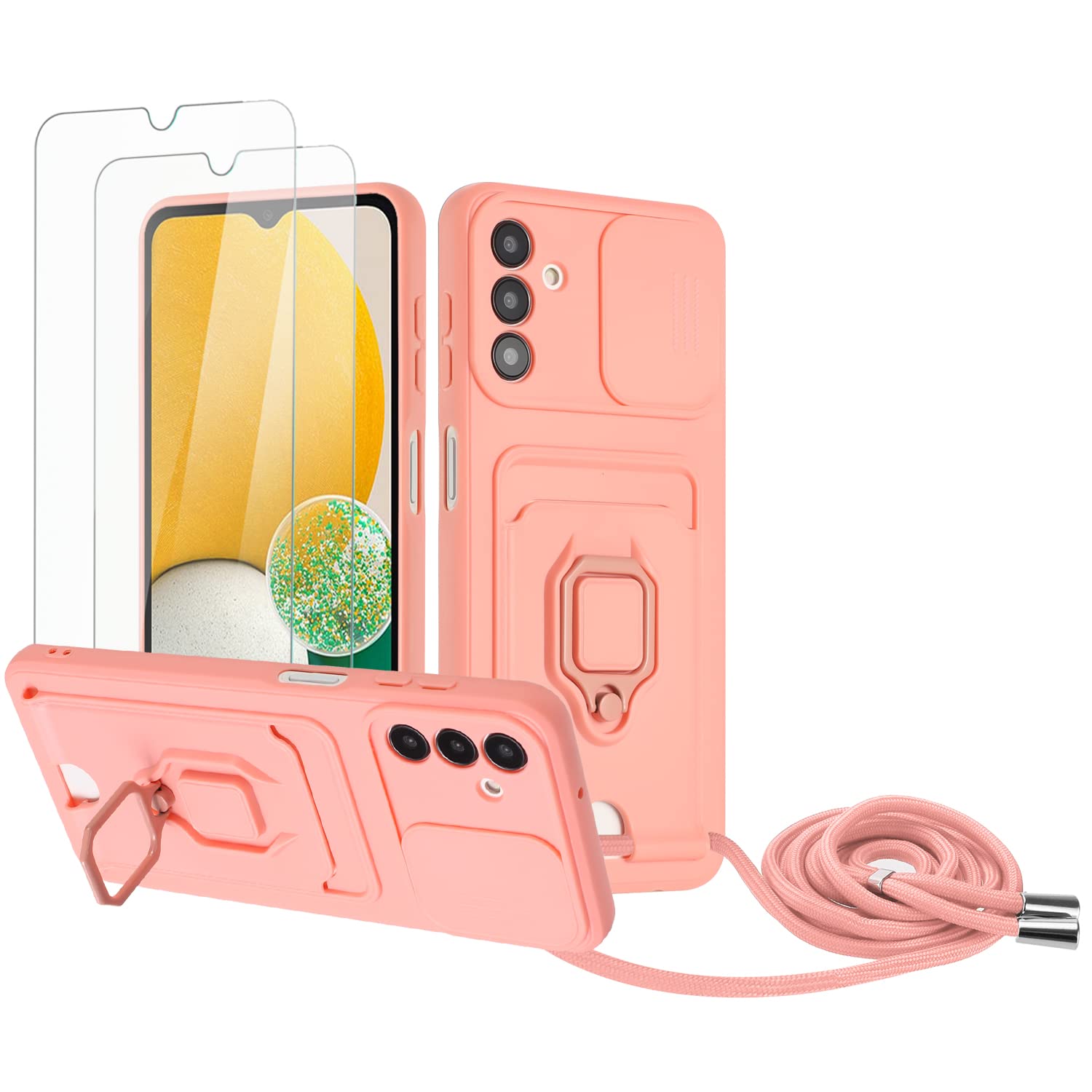 Zallagre Funda con Cuerda Compatible con Redmi Note 13 Pro 5G,[2 Packs Cristal Templado],Ranura para Tarjetas,Cubierta de Cámara Deslizante Proteger,360 Anillo Soporte-Morado — view 38