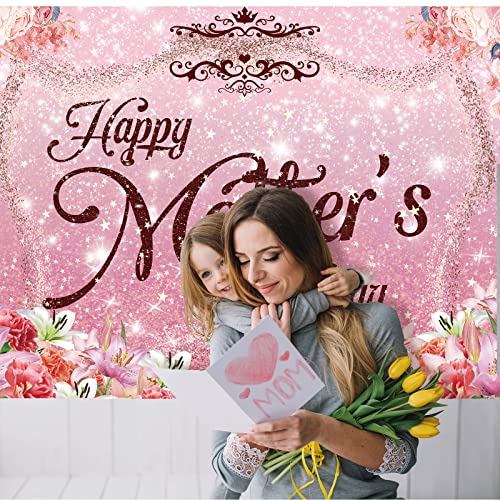 Image of 7X5FT Happy Mother's Day Backdrop /Background Happy Mother's Day Banner Decoration Pink Flowers Family Photo Booth Portrait Studio Props