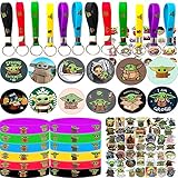 Baby Yoda Birthday Party Supplies, 109 Pack Party Favors - 12 Pack Bracelets, 12 Pack Keychains, 12 Pack Button Pins, 1 Pack Tattoo Sticker Set of 72 Stickers for Birthday Party Decorations