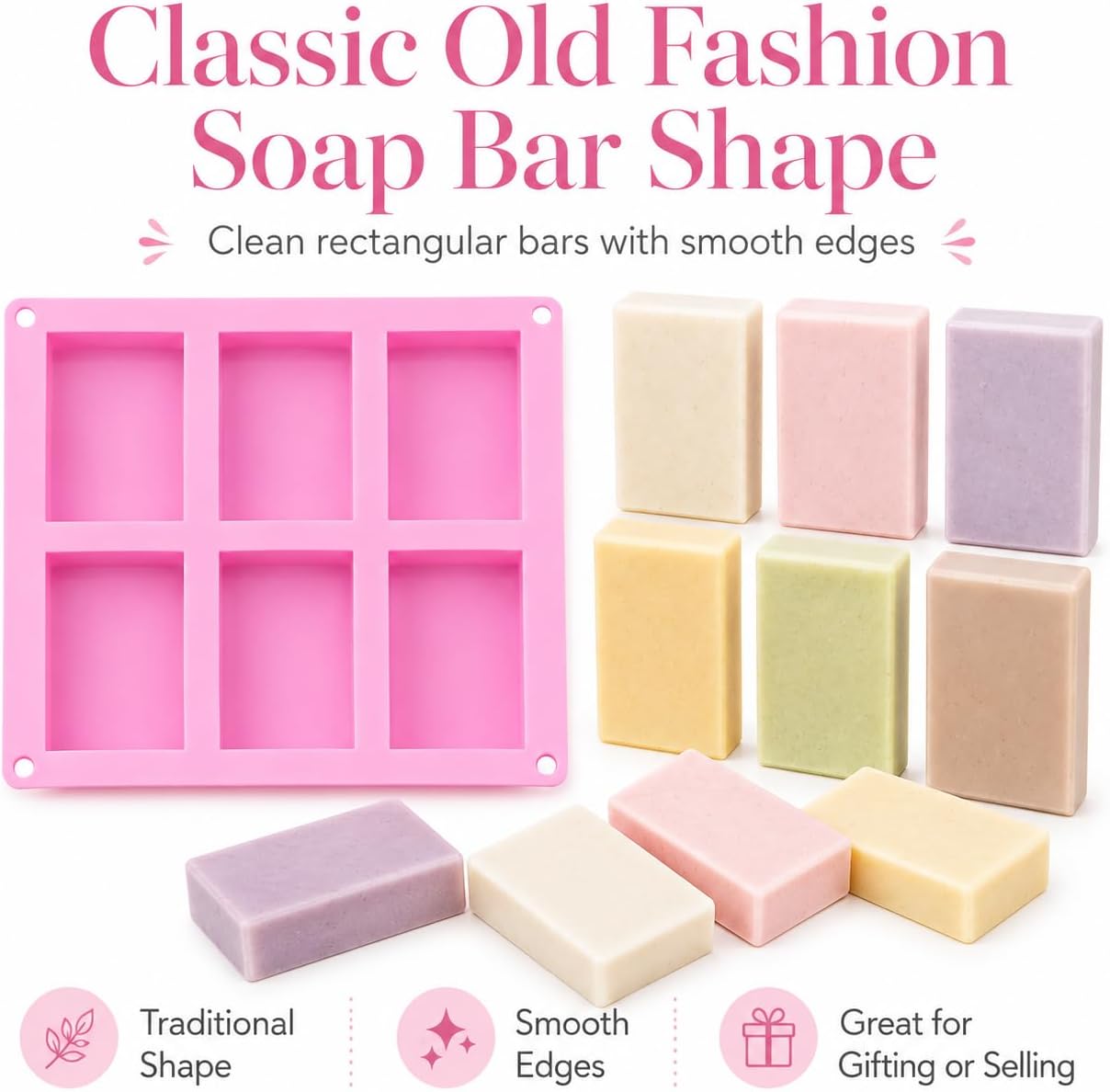 Old Fashion Soap Bar Mold Silicone 2 Pack – Rectangle 6 Cavity Soap Making Mold for Homemade Soap Bars (Flexible Nonstick Easy Release)