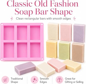Old Fashion Soap Bar Mold Silicone 2 Pack Rectangle 6 Cavity Soap Making Mold for Homemade Soap Bars (Flexible Nonstick Easy Release)