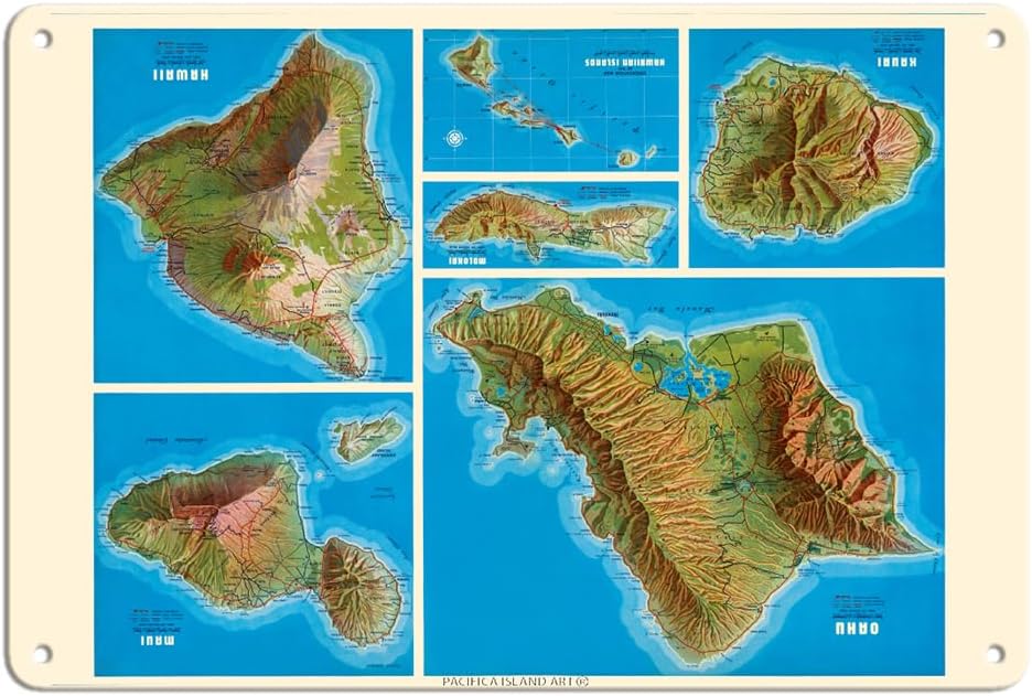 Hawaiian Islands - Oahu Kauai Maui Molokai Hawaii - Shell Oil Company - Vintage Map c.1956-8 x 12 inch Vintage Metal Tin Sign