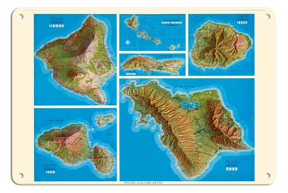 Hawaiian Islands - Oahu Kauai Maui Molokai Hawaii - Shell Oil Company - Vintage Map c.1956-8 x 12 inch Vintage Metal Tin Sign