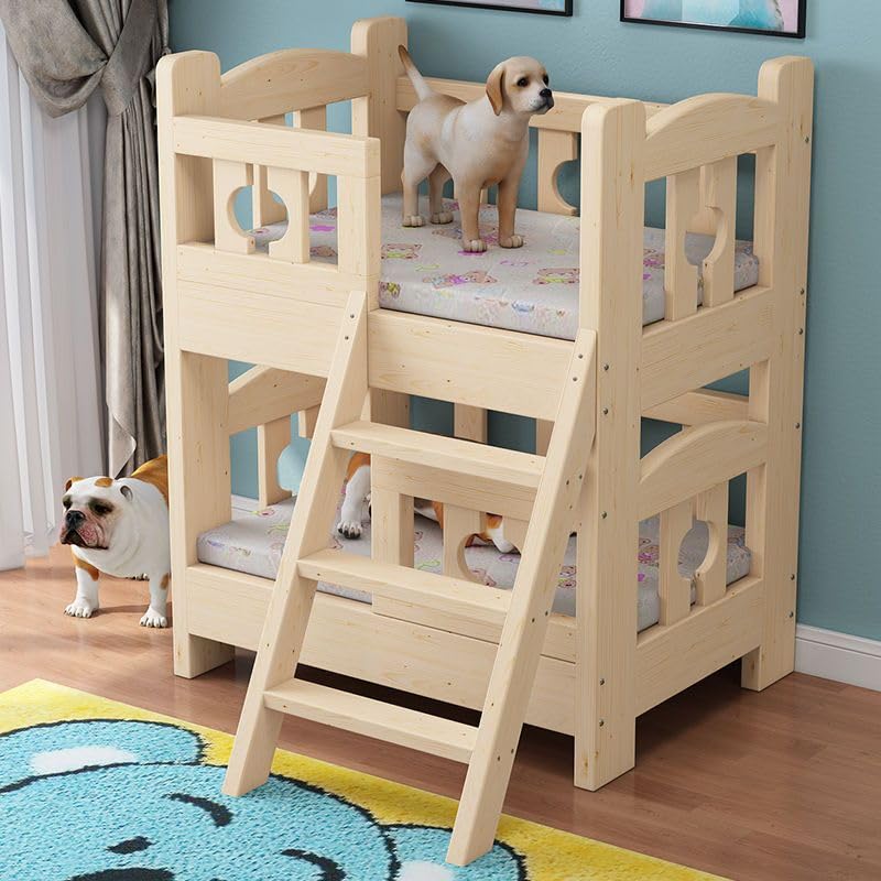 Litera para perro, marco de madera de doble capa con diseño extraíble y escaleras para mascotas pequeñas, medianas y grandes, plataforma de descanso incluida
