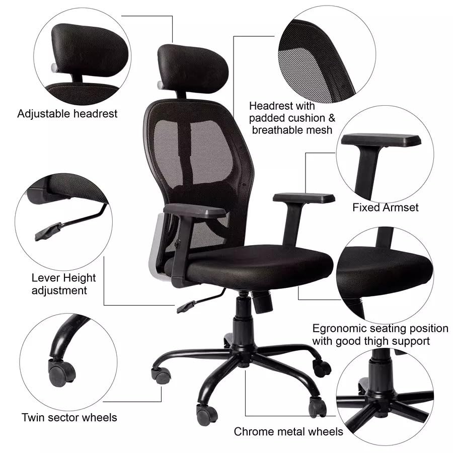Image of High Back Ergonomic Office Chair with Adjustable Headrest | Breathable Mesh Back | Thick Padded Seat | Adjustable Height, 360 Swivel Wheels |Executive Computer Desk Chair for Home & Office |