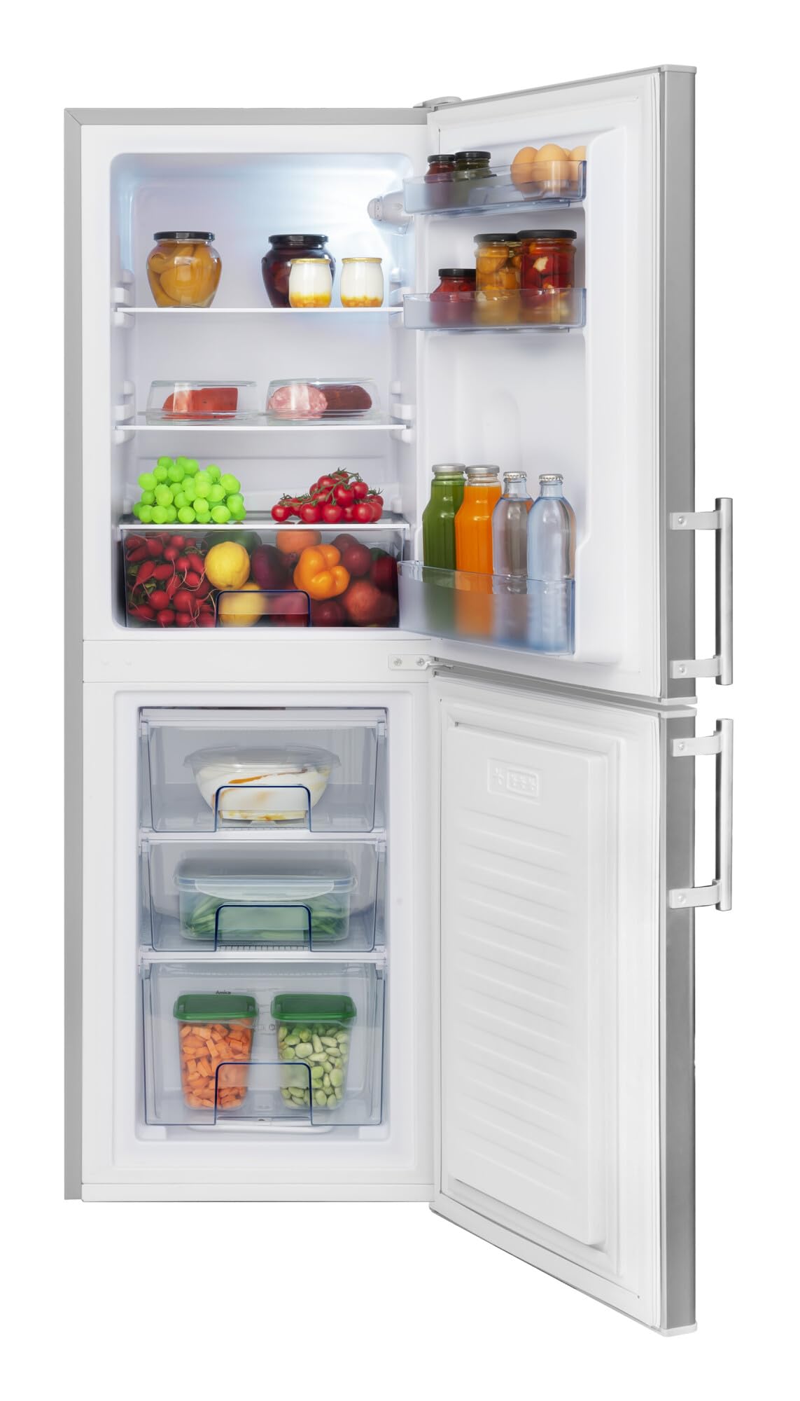 Amica Kühl-Gefrierkombination 138 L 148x52x59 cm KGC 384 111 E | 93 L Kühlteil, 45 L Gefrierteil, Automatische Abtauung, LED Beleuchtung, Gemüseschublade, 3 Gefrierschubladen, Eiertablett