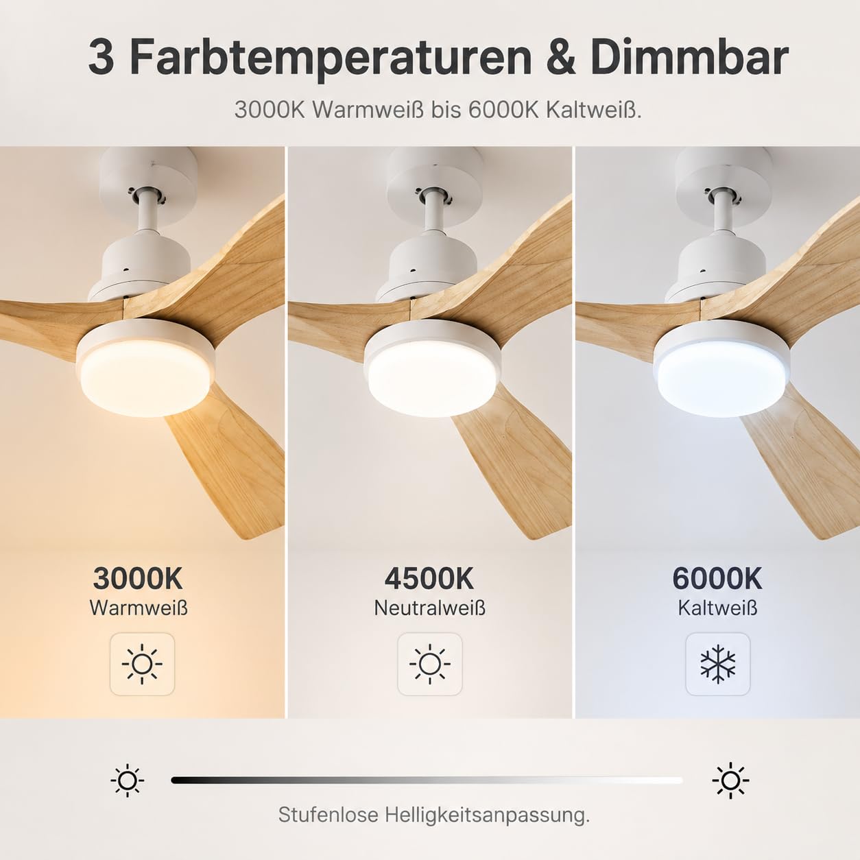 132 CM Deckenventilator mit Beleuchtung und Fernbedienung, Leise DC-Motor, 3 Blätter, 6 Geschwindigkeiten, Timer, 6 Geschwindigkeiten, Sommer Winterbetrieb für Schlafzimmer (Weiß)