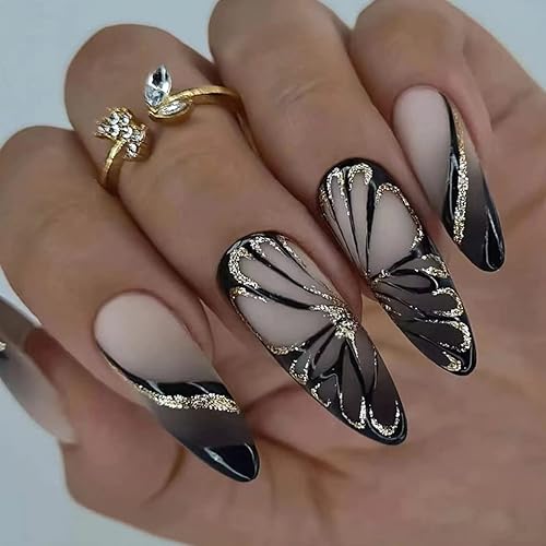 Uñas postizas a presión con diseño de mariposa, uñas largas con pegamento con diseño de purpurina, uñas adhesivas negras de cobertura completa, uñas
