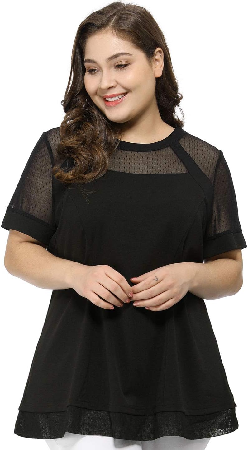 Agnes Orinda Plus Size Women's Round Neck Peplum Short Sleeve Shirts Mesh Sheer Blouses Summer Tops