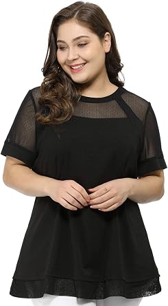 Agnes Orinda Plus Size Womens Round Neck Peplum Short Sleeve Shirts Mesh Sheer Blouses Summer Tops