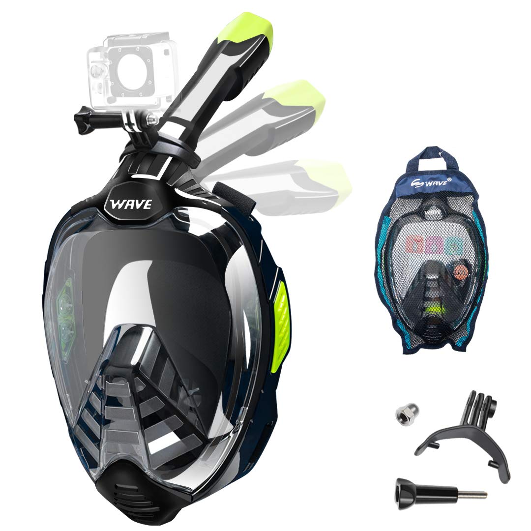 Full Face Snorkel Mask, Diving Mask with 180° Panoramic View Dual Airflow Breathing Technology with Detachable Camera Mount, Dry Top Set Anti Fog Anti Leak for Kids Adult