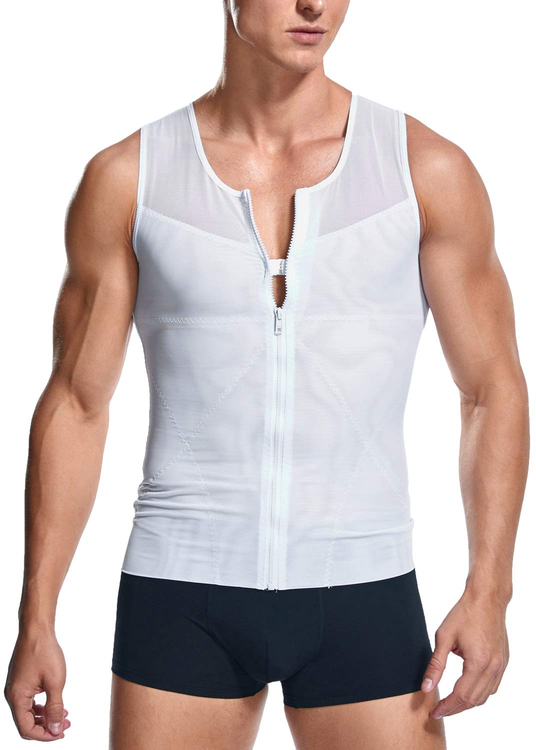 Mens Slimming Body Shaper Zipper Gynecomastia Vest Tank Top Compression Undershirt W/XL White