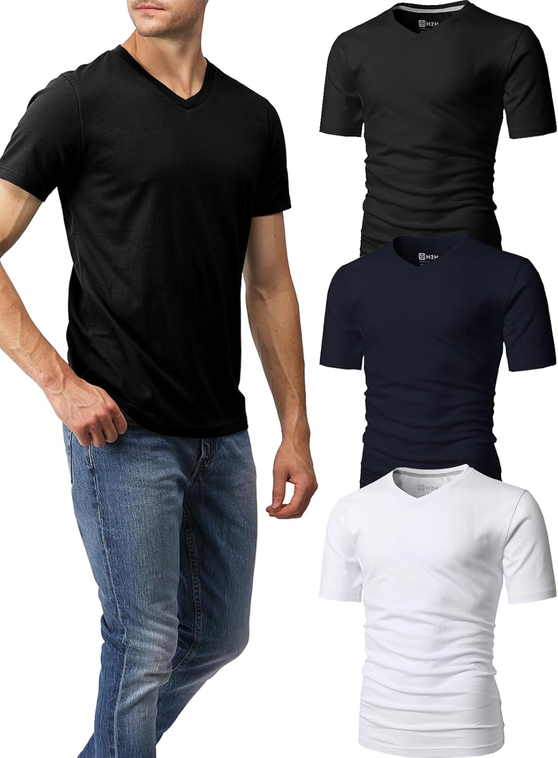 H2H Mens Slime Short Sleeve T-Shirts (V Neck/Crew Neck Multipack) Size XS to 3XL