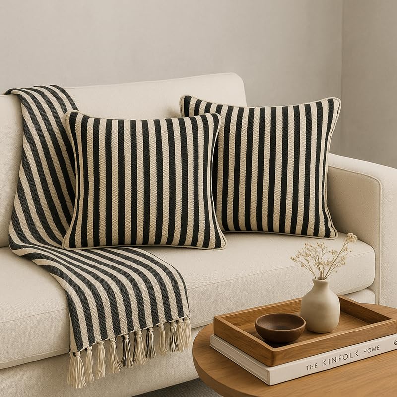 Image of 100% Cotton - Black and White Stripes Cushion Covers Set of 1 (16 x 16 inches) - Cushion Covers for Sofa & Living Room Decor
