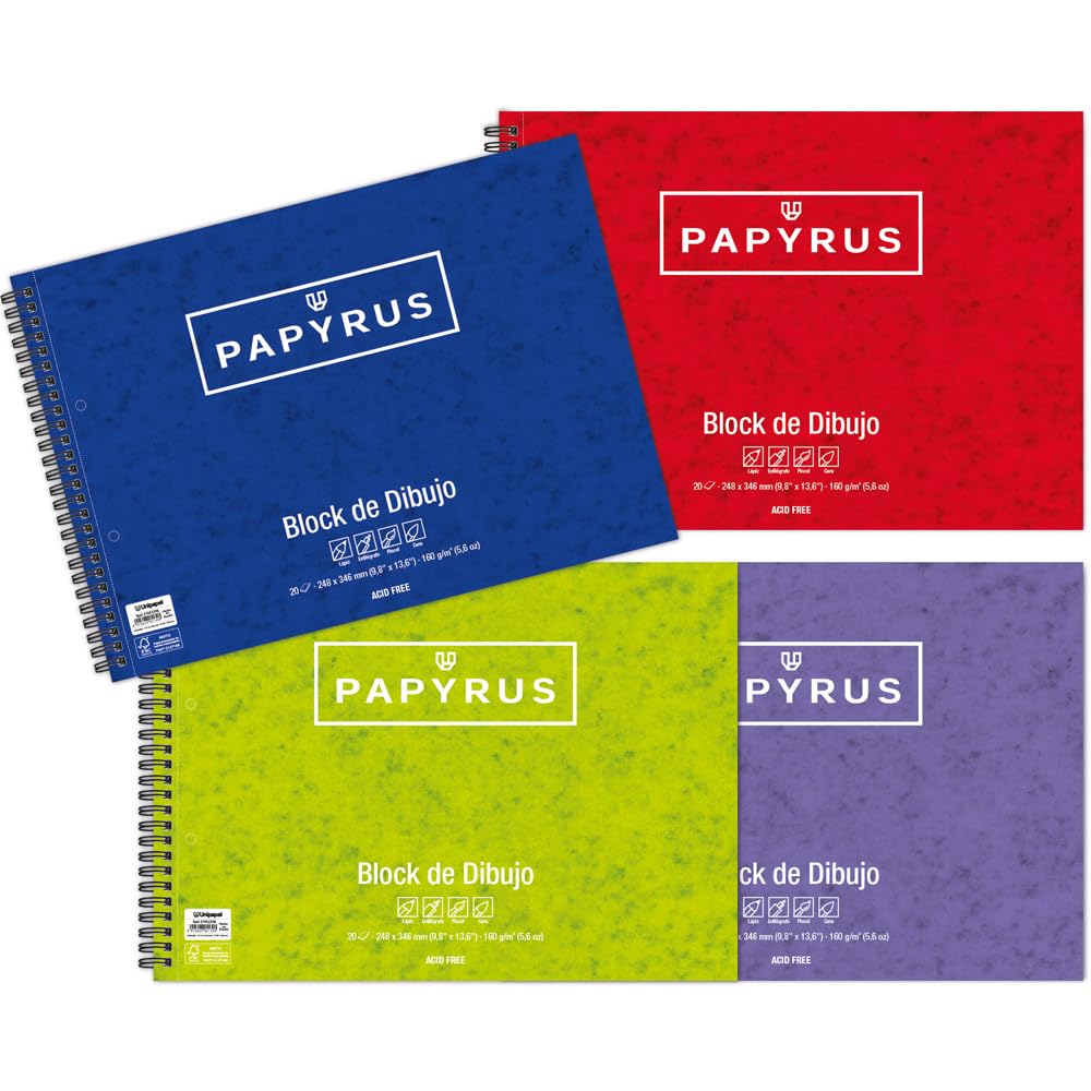Unipapel 37002298. Block de Dibujo Papyrus, Tamaño Folio Prolongado, Papel Blanco, 160 Gramos, Microperforado, 2 Taladros, Certificado FSC