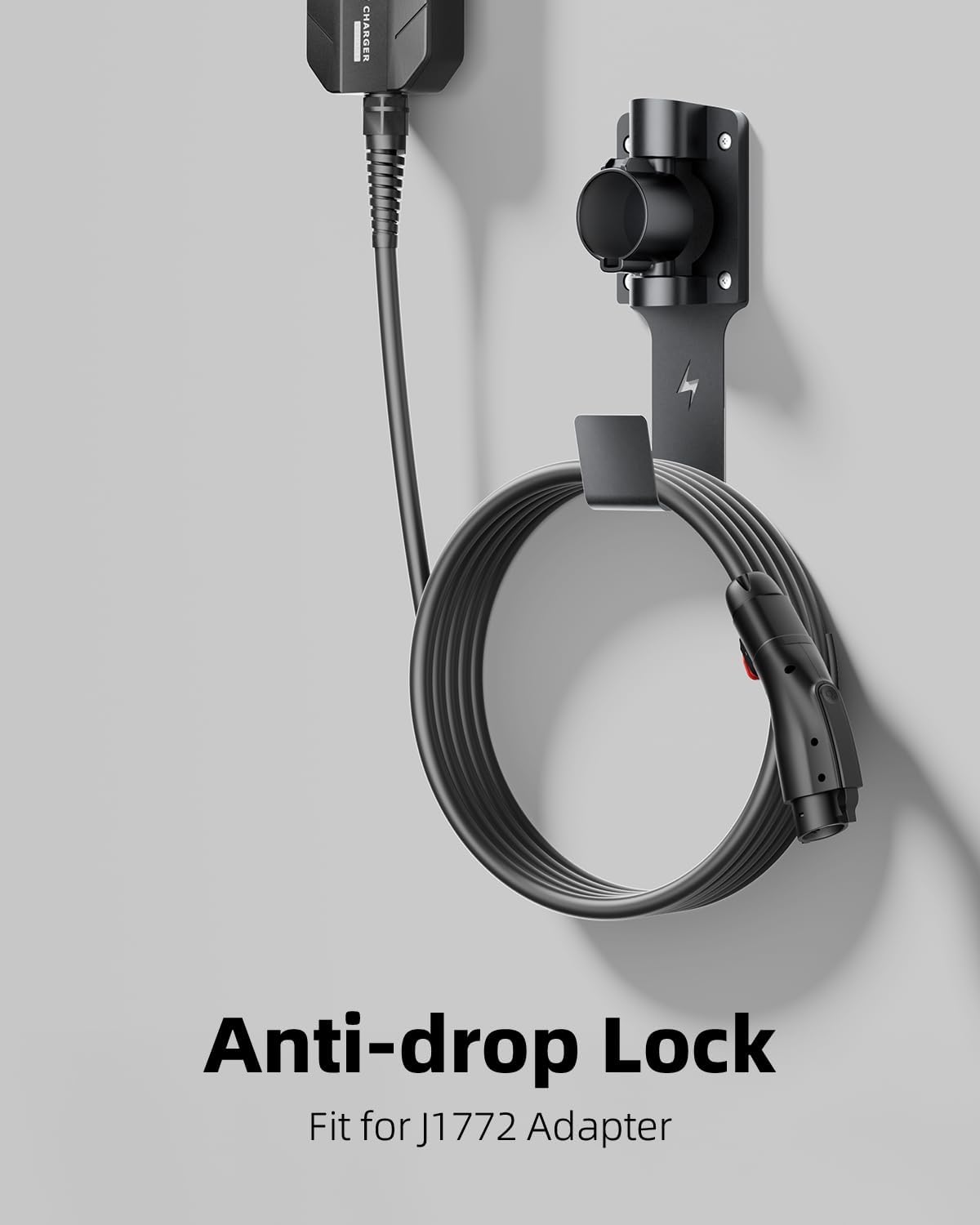 FOCSPROD EV Charger Holder, with 180° Rotation Nozzle Dock, Metal J-Hook for SAE J1772 Charger Holder Organizer Wall-Mount Connector Electric Vehicle Charging Cable Car Accessories