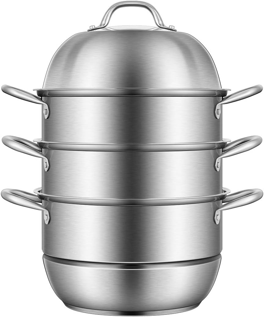 VIVOHOME 3-Tier 10Qt 12.6 Inch 304 Stainless Steel Steamer Pot Steaming Cookware Saucepot with Tempered Glass Lid, Work with Gas, Electric, Induction Oven, Grill Stove Top, Dishwasher Safe
