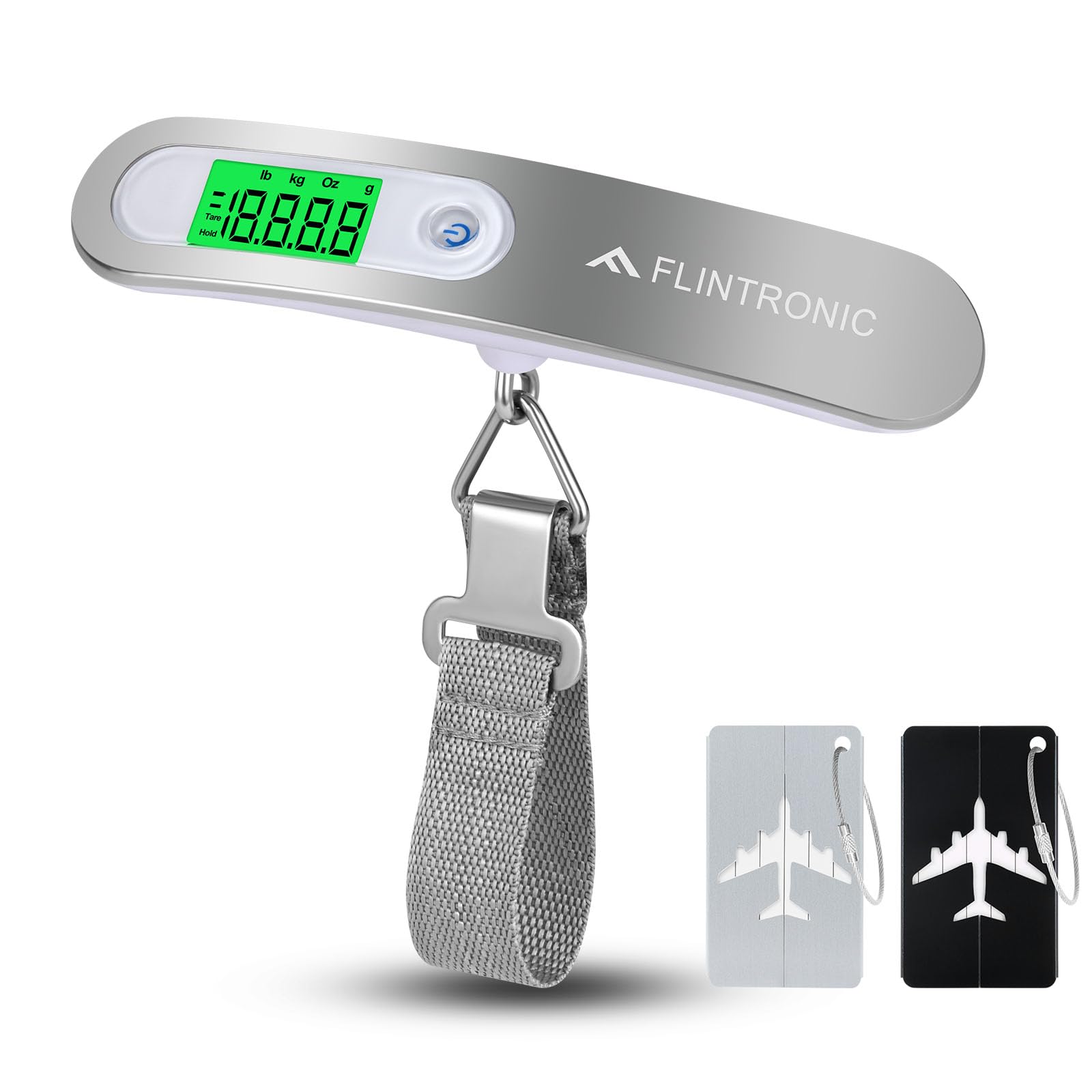 flintronic Cyfrowa waga bagażowa, przenośna waga wisząca, wyświetlacz LCD, z haczykami, 50 kg, z funkcją tarowania i podświetleniem, do podróży, kuchni