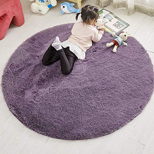 PAGISOFE Soft Round Purple Grey Area Rug Circle Rugs for Kids Bedroom Fluffy Carpets and Shaggy Rugs Small Teepee Furry Mat Comfy Reading Rug Circular Rug 4x4 Rugs for Girls Boys Baby Room