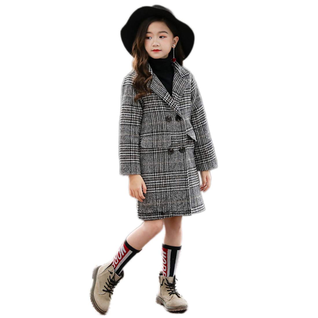 PanpanBox Girls Duffle Trench Coat V-Neck Swallow Gird Long Jakcet Tartan Winter Warm Parka Double-Breasted Outerwear Retro Coat for 3-11 Years