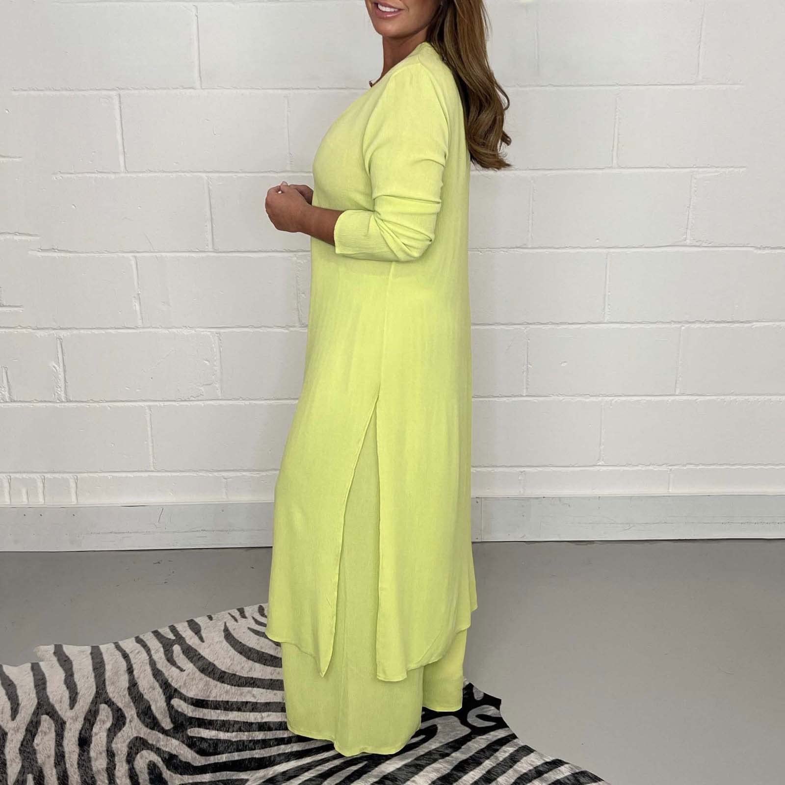 Loungewear Ensemble pyjama deux pièces à manches longues en mousseline de soie avec fente pour femme | Pyjama uni, ourlet asymétrique, pyjama à manches longues, col en V, tunique et pantalon à jambes larges