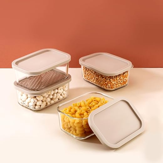 ATTRO Glassox Storeit Borosilicate Glass Storage Containers – 750ml, Set of 4, Transparent &amp; Stackable with PE Lids, Micro...