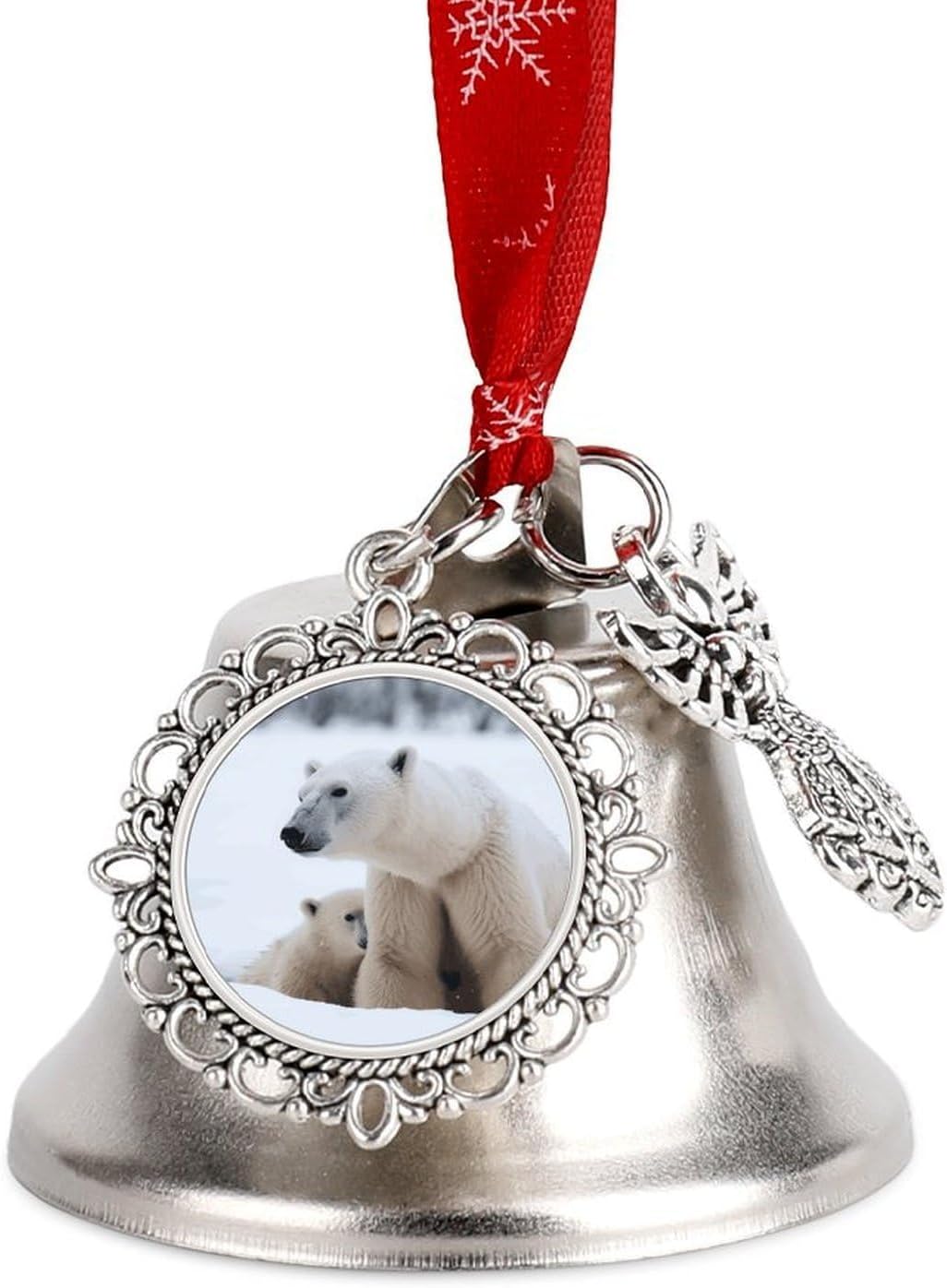 Snow Animal Polar Bear Christmas Bells Ornaments with Wings & Heart Silver Bell Pendant for Christmas Tree Home Door Mantle Fireplace Decoration