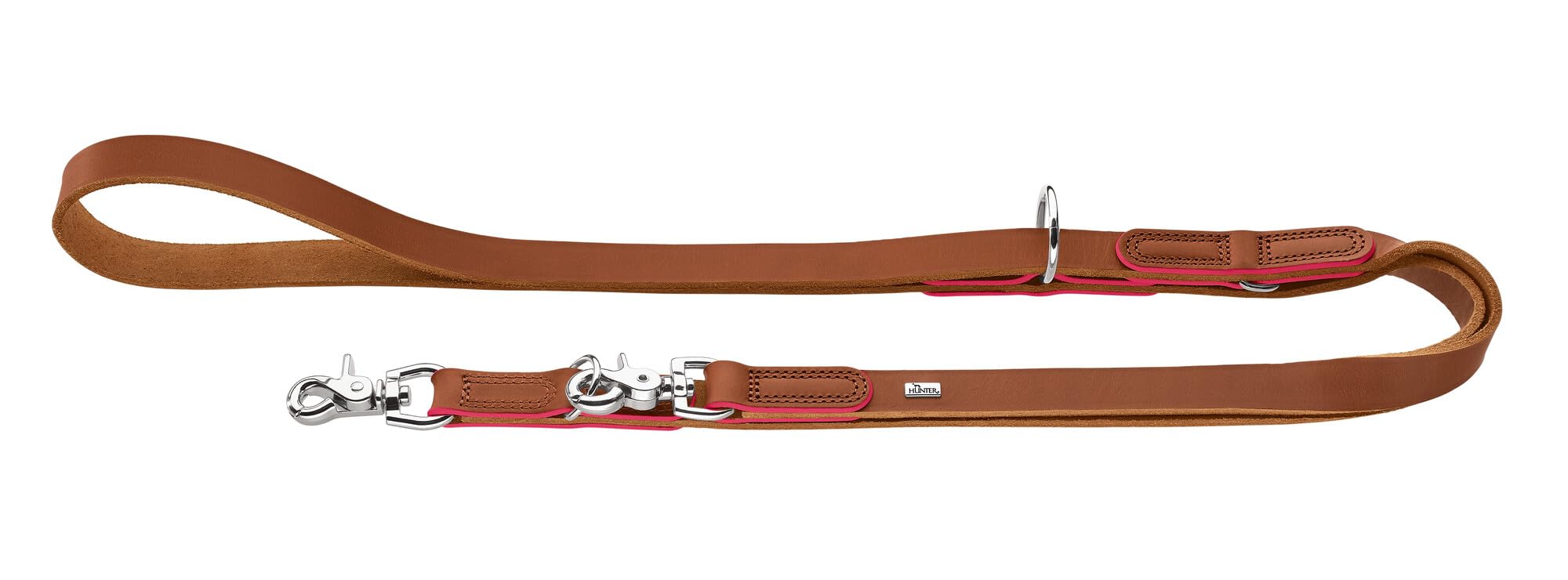Hunter Guinzaglio regolabile Garda per cani in morbida pelle bovina, robusto e confortevole, con bordi a contrasto colorati a mano, regolabile in 3 posizioni, prodotto in Germania, colore: cognac/rosa