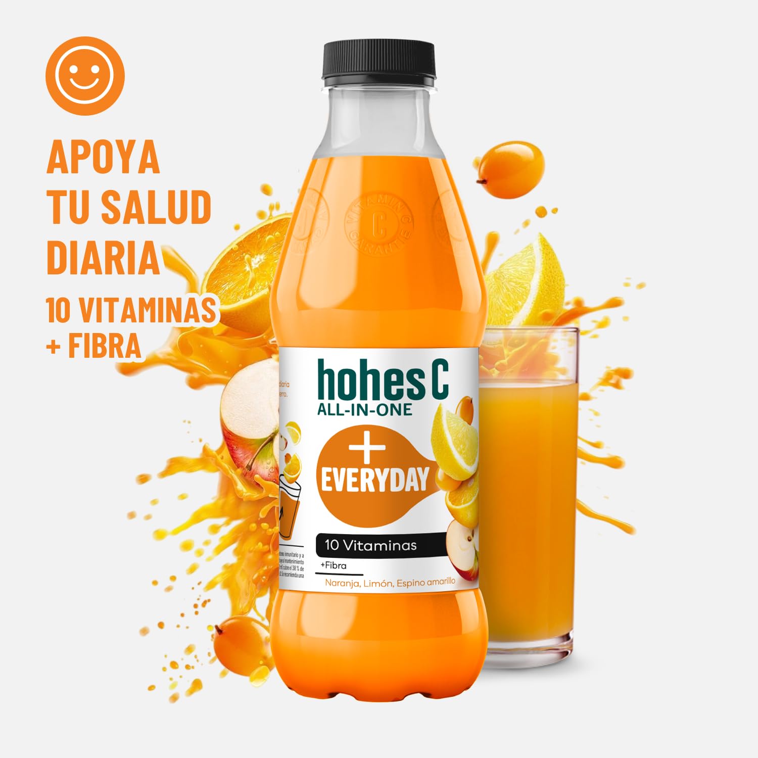 hohes C All in One Everyday Multifrutas de Naranja, Limón, Espino Amarillo con 10 vitaminas, Hierro y Fibra- Pack 6 x 1L
