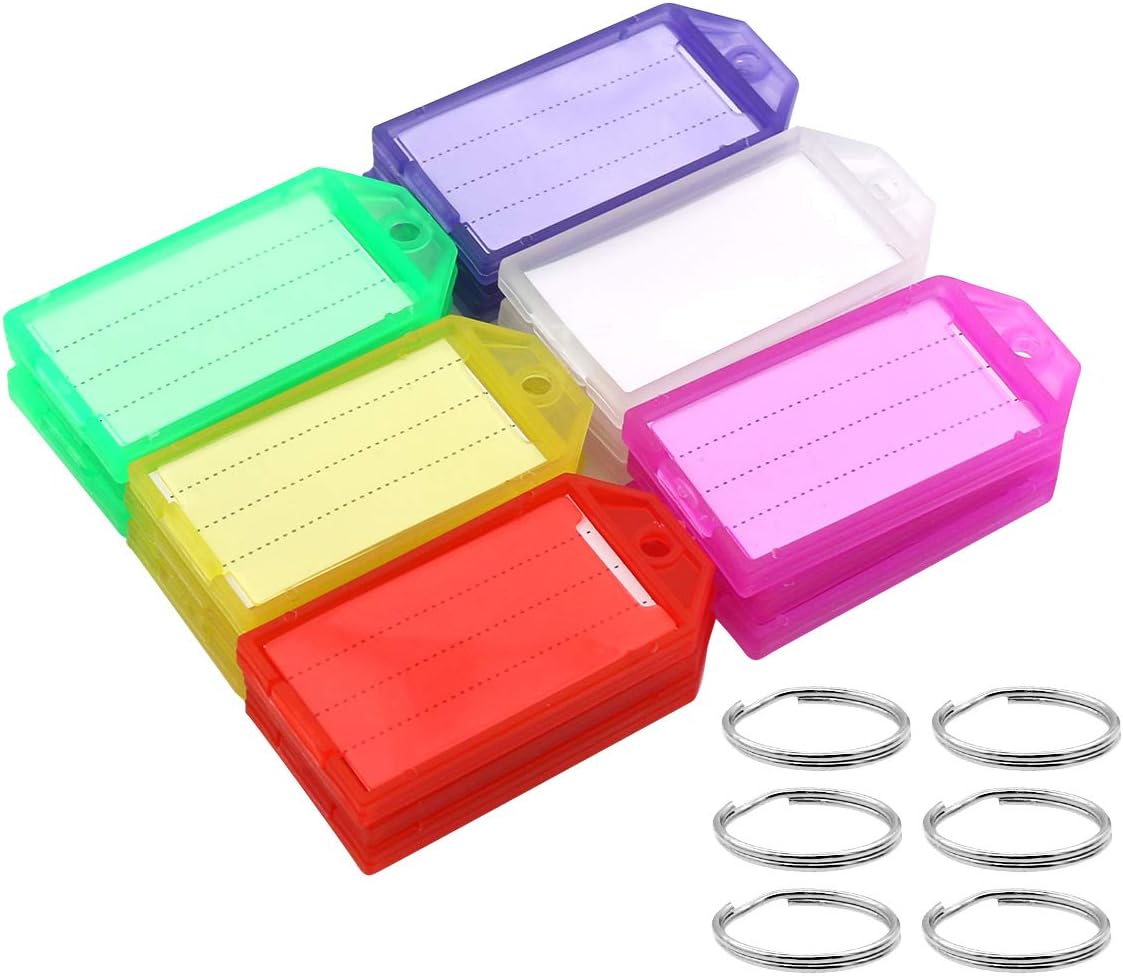 Coideal Plastic Key Tags with Label, 60 Pack Key Chain Tag Identifiers Bulk Colored Tough Keychain Ring Tags for ID Luggage, 6 Assorted Colors