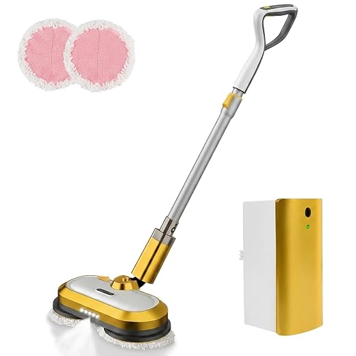 Cordless Electric Mop, Electric Spin Mop with LED Headlight and Water Spray, Up to 60 mins Powerful Floor Cleaner with 300ml Water Tank, Polisher for Hardwood, Tile Floors, Quiet Cleaning & Waxing