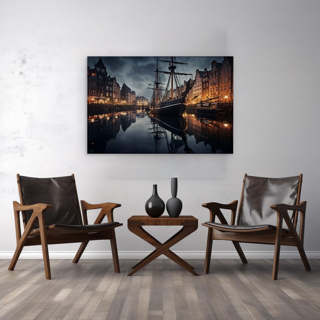 Canvas for Living room. Starlit Serenade by the River in a City of Lights, 27 x 18 inch Canvas Wall Art - Contemporary Masterpieces - Modern Home Decor - 69x46 cm (27x18 inch)