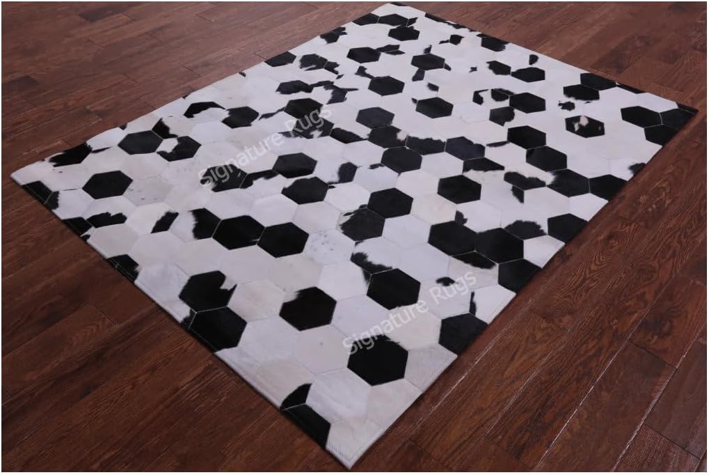 Handmade Premium Cowhide Leather Area Rug, Gray and Ivory Geometric Hexagon Pattern Carpet (Ivory/Black/White, 9'6"x14'0)