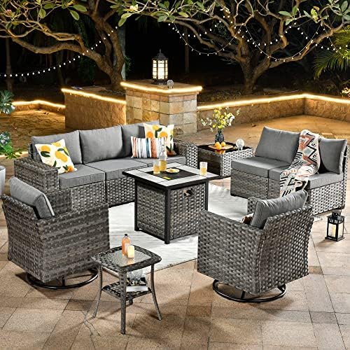 HOOOWOOO Outdoor Patio Sectional Furniture Sofa Set with Fire Pit Table,10 Piece Modern Wicker Couch with Swivel Chairs,Modular Conversation Seating Set with Widened Armrest for Garden(Dark Grey) HOOOWOOO Outdoor Patio Sectional Furniture Sofa Set with Fire Pit Table,10 Piece Modern Wicker Couch with Swivel Chairs,Modular Conversation Seating Set with Widened Armrest for Garden(Dark Grey)