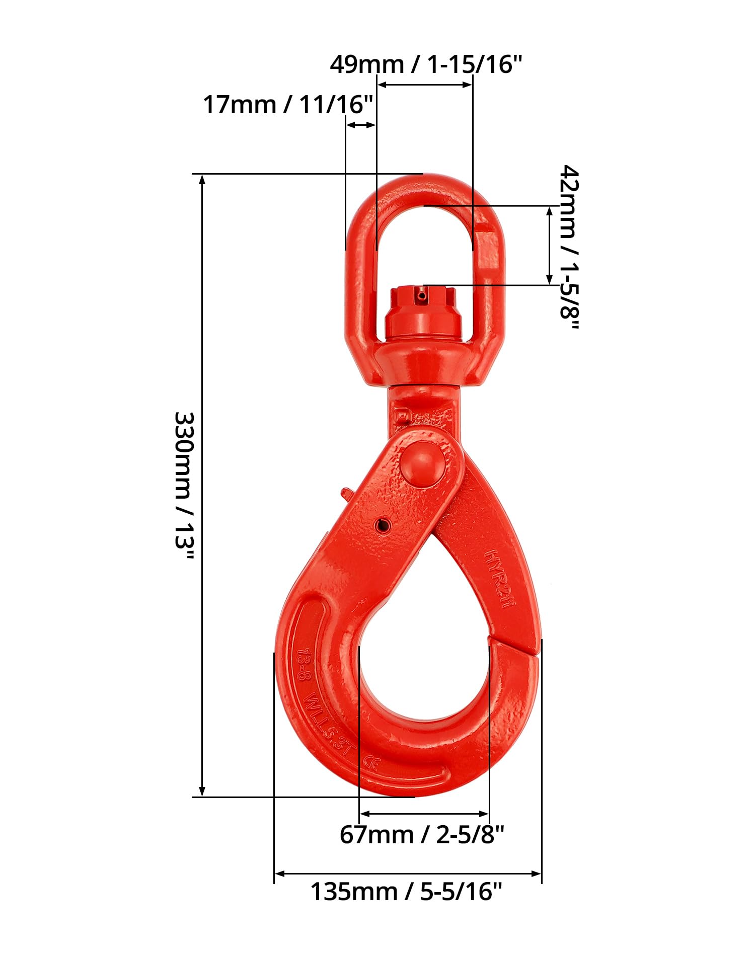 QWORK Gancho giratorio de acero forjado de grado 80, gancho de seguridad, gancho de elevación de 10000 libras, gancho de bloqueo fuerte forjado en gota, ojos giratorios grandes de 1,27 cm, acabado