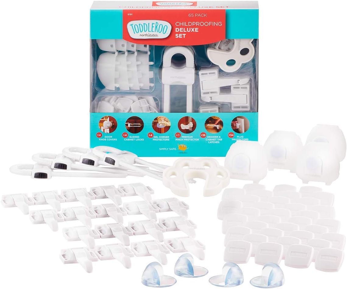 Toddleroo by North StatesChildproofing Deluxe Kit | 4 door knob covers, 34 plug protectors, 18 latches, 1 pinch protector, 4 gel corners, 4 cabinet locks | Baby proofing set (65 Piece Set, White)