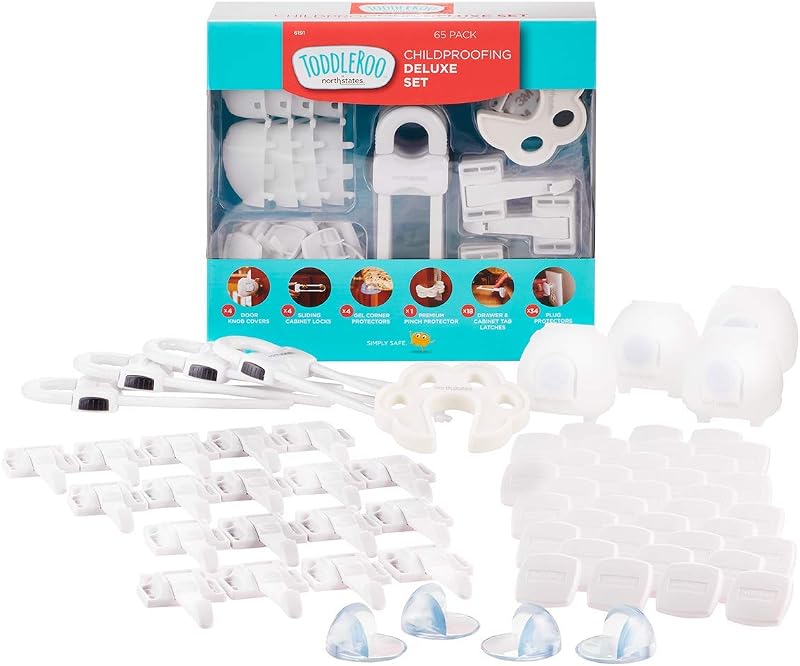 Childproofing Deluxe Kit: 4 Knob Covers, 4 Sliding Cabinet Locks, 4 Gel Corner Protectors, 1 Door Pinch Guard, 18 Drawer Locks, 34 Plug Protectors - 65 Piece Set - White