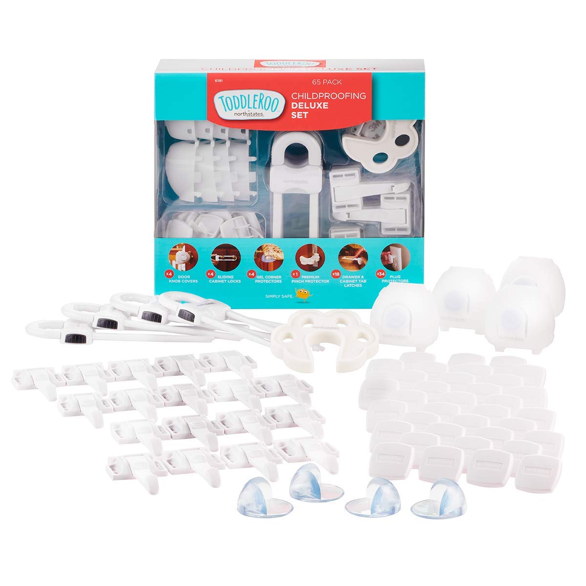 Toddleroo by North States Childproofing Deluxe Set | 4 knob covers, 34 plug protectors, 18 drawer latches, 1 pinch protector, 4 gel corner protectors, 4 sliding cabinet locks (65 Piece Set, White) White 65 Piece Set