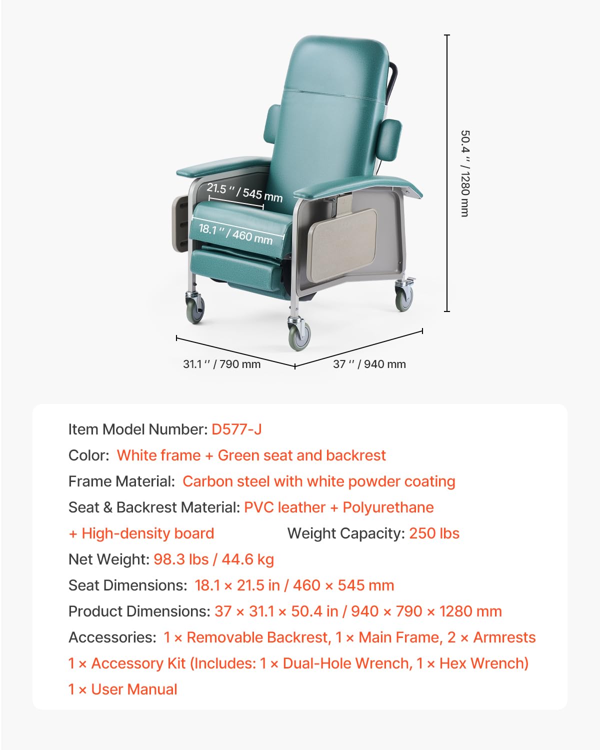 VEVOR Fauteuil Inclinable Gériatrique 4 Positions, Fauteuil Inclinable Médical Trendelenburg avec 4 Roues, Siège Rembourré, 2 Plateaux, pour Hôpitaux, Maisons de Retraite, Soins Gériatriques Domicile