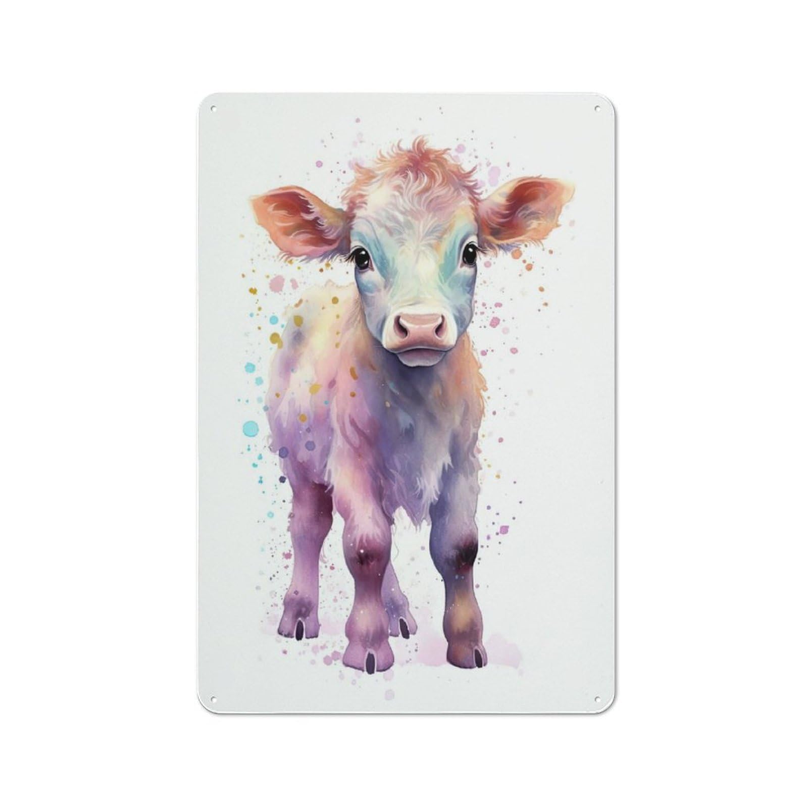 Junmoney Style-14 Tin Wall Plaque 30X20cm With Watercolor Baby Cow Calf For Home Bar Wall, A Decorative Christmas Gift For Hosts Who Enjoy Retro Interiors