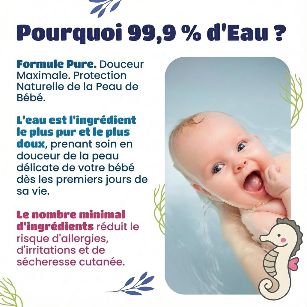 Kindii Water Care – Lingettes Humides Bébé, 60 unités, 100% Viscose, 99,9% Eau, Extrait de Pamplemousse, 150 × 200 mm, Pour Nouveau-Nés, non parfumées – Peaux Sensibles